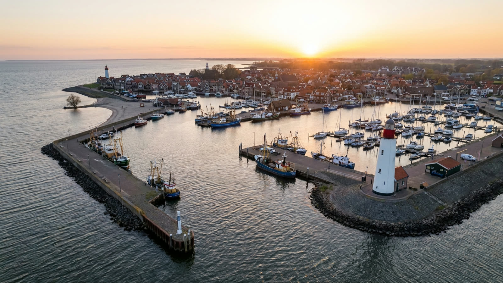 De vuurtoren en haven van Urk aan het IJsselmeer bij zonsondergang