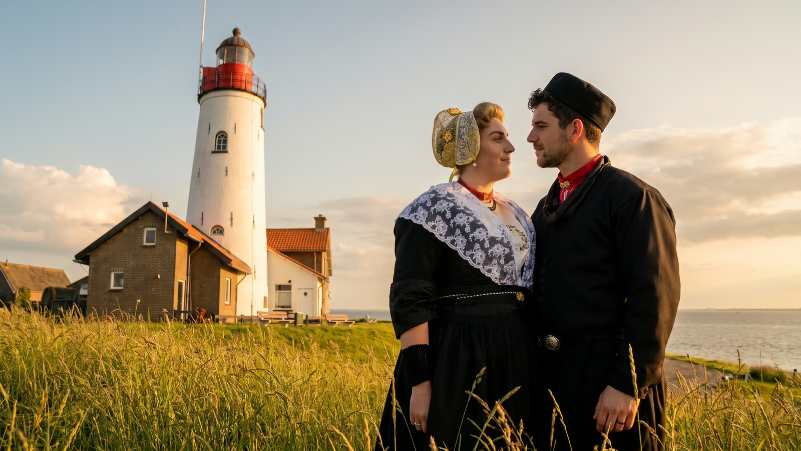 Bruidspaar in traditionele Urker klederdracht met kraplap en zijden halsdoek