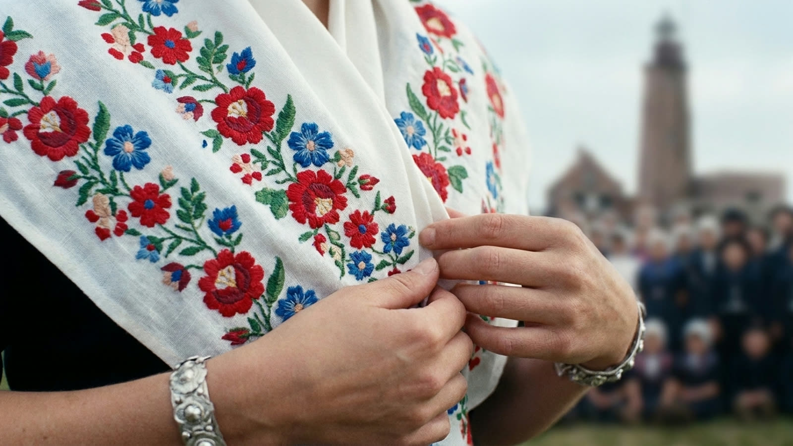 Close-up van een geborduurde Urker kraplap, onderdeel van de traditionele klederdracht