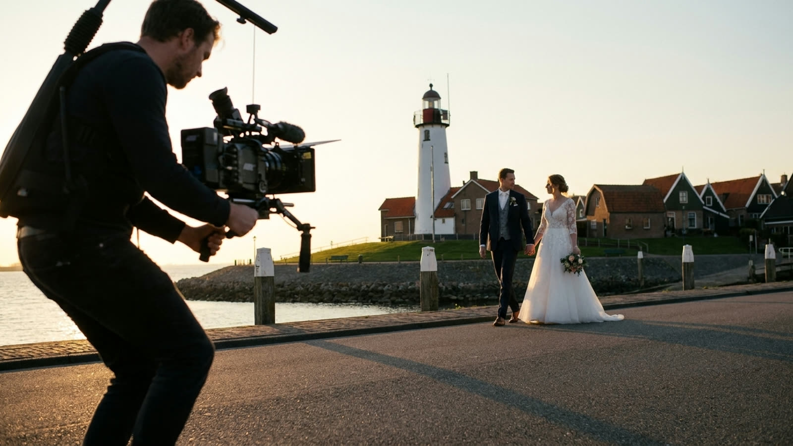 Trouwvideograaf filmt een bruidspaar op Urk aan de haven